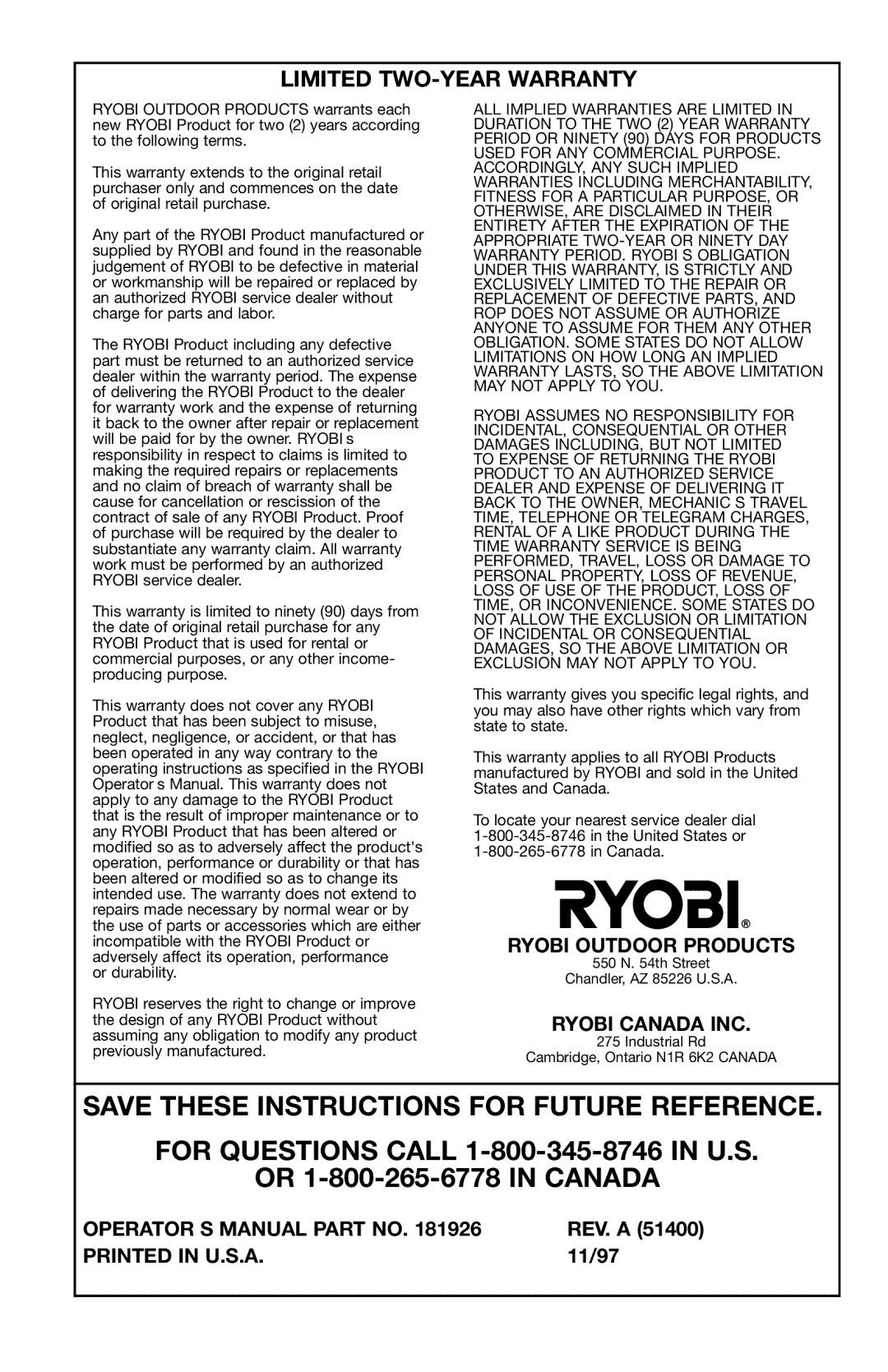 Ryobi 170r, 180r, 190r manual Save These Instructions for Future Reference, Limited TWO-YEAR Warranty 