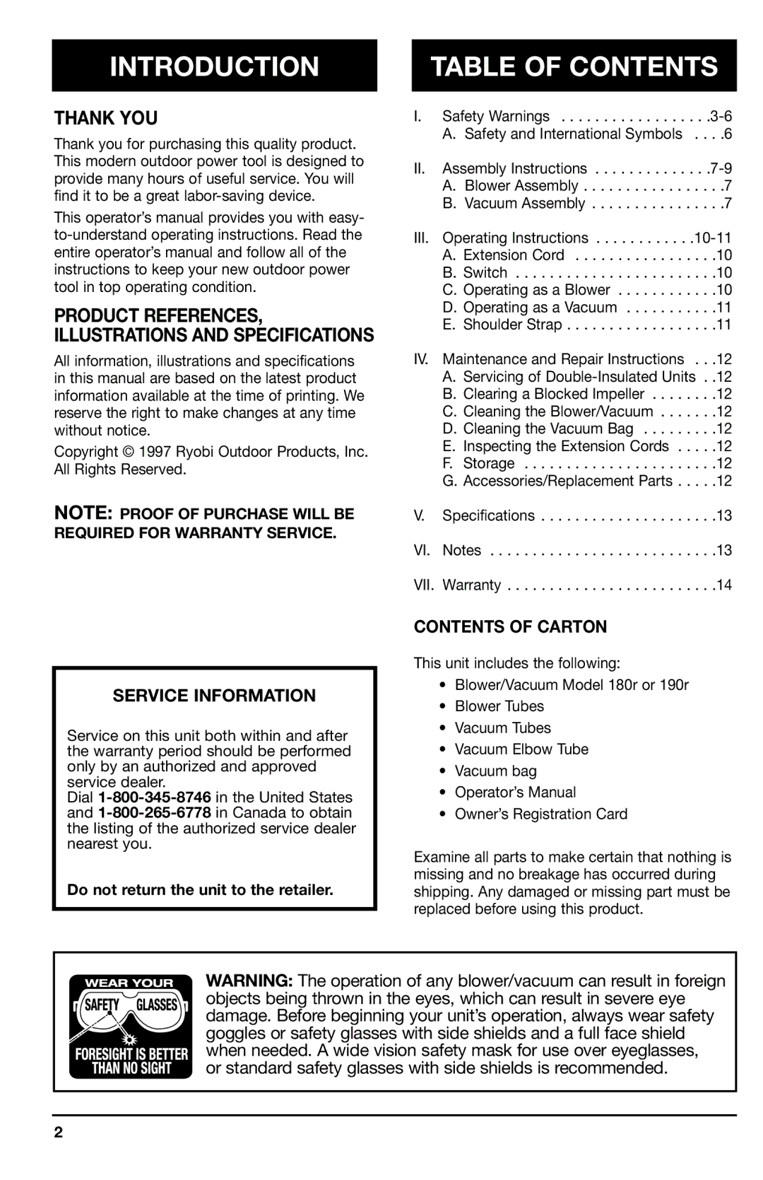 Ryobi 170r, 180r, 190r manual Introduction, Table of Contents 