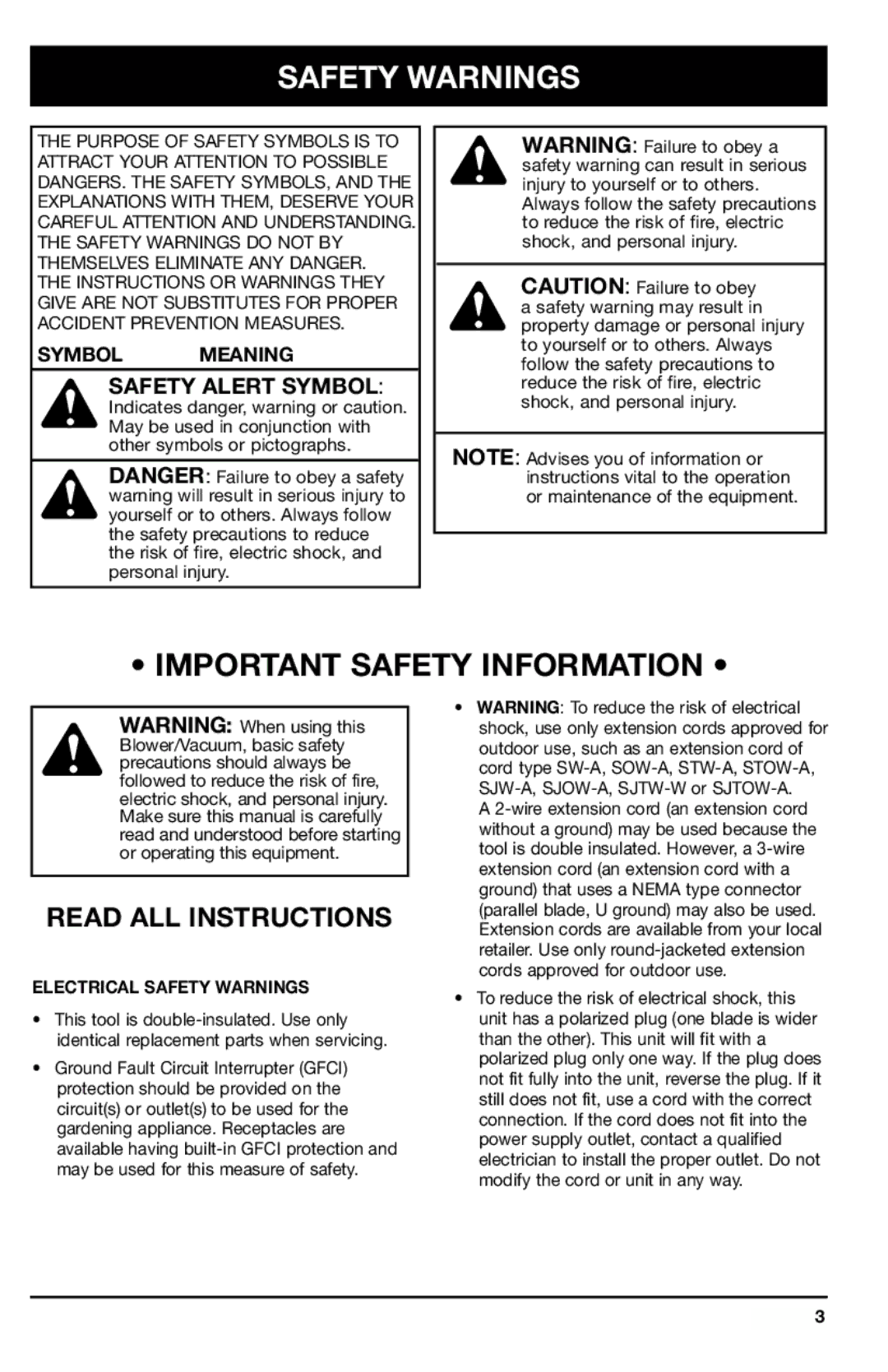 Ryobi 180r, 190r, 170r manual Safety Alert Symbol, Electrical Safety Warnings 