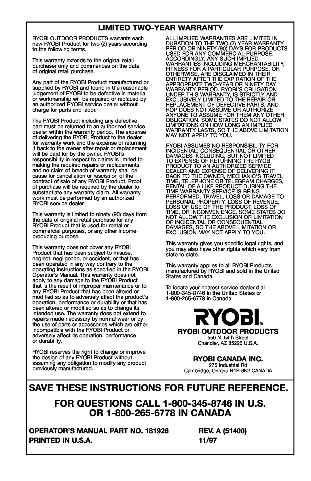 Ryobi 170r manual Save These Instructions For Future Reference, Limited Two-Yearwarranty, Ryobi Outdoor Products, 11/97 