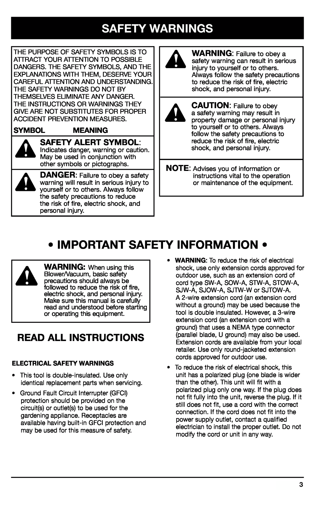 Ryobi 180r, 190r Safety Warnings, Read All Instructions, Safety Alert Symbol, Symbol Meaning, Important Safety Information 