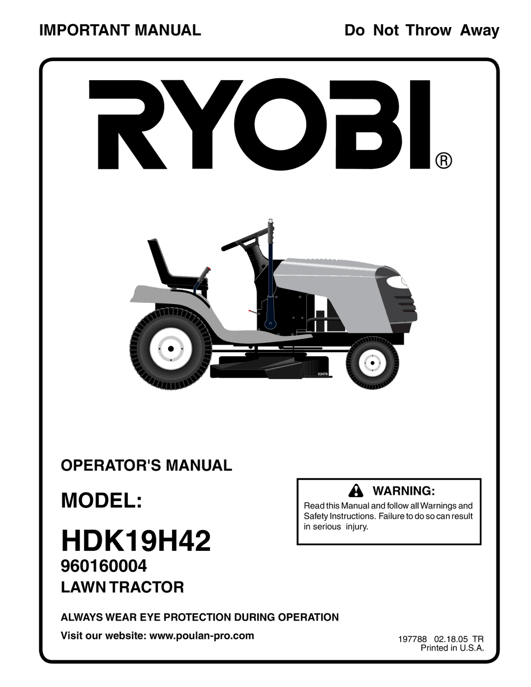 Ryobi 197788 manual HDK19H42, Always Wear EYE Protection During Operation 