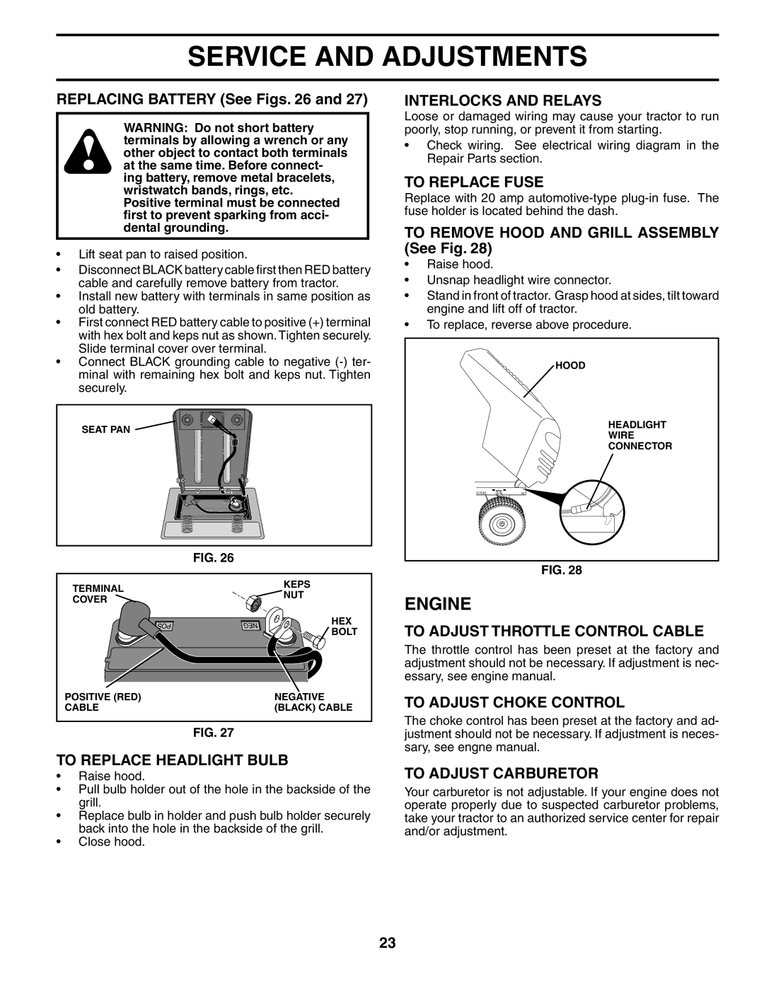 Ryobi 197788 manual To Replace Headlight Bulb, Interlocks and Relays, To Replace Fuse, To Adjust Throttle Control Cable 