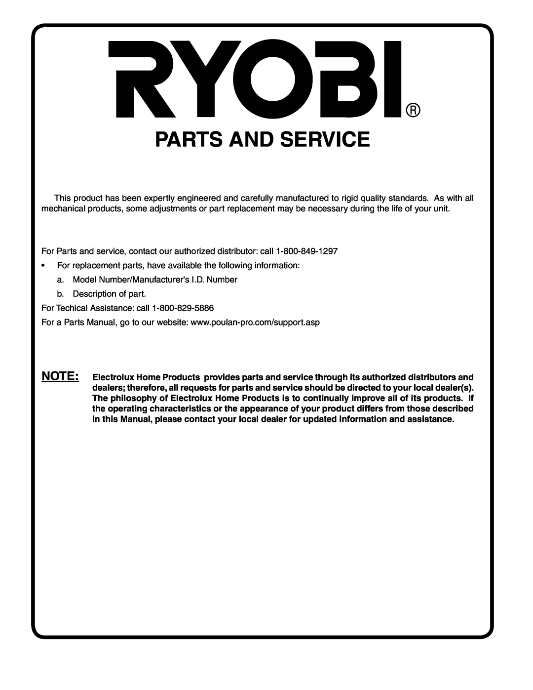 Ryobi 197788 manual Parts And Service 