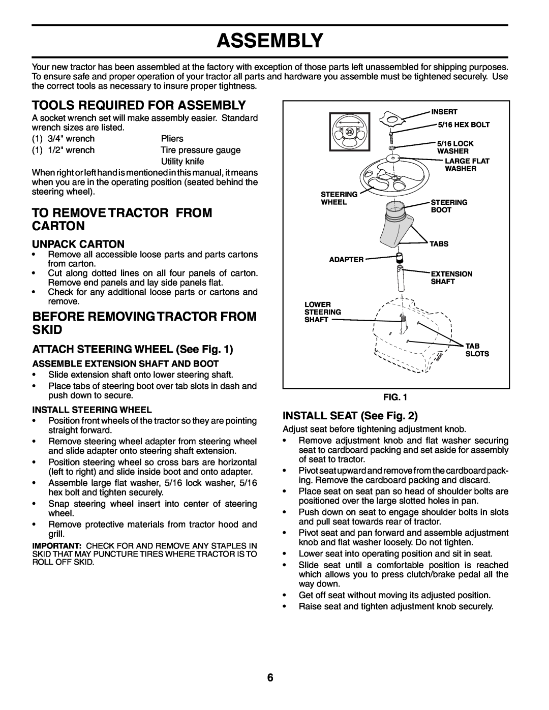 Ryobi 197788 manual Tools Required For Assembly, To Remove Tractor From Carton, Before Removing Tractor From Skid 