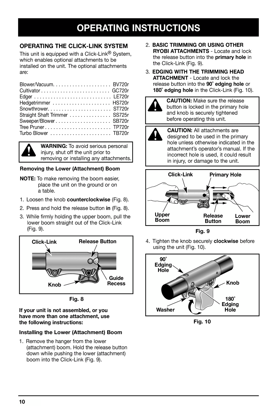 Ryobi 2075r manual Operating the CLICK-LINK System 