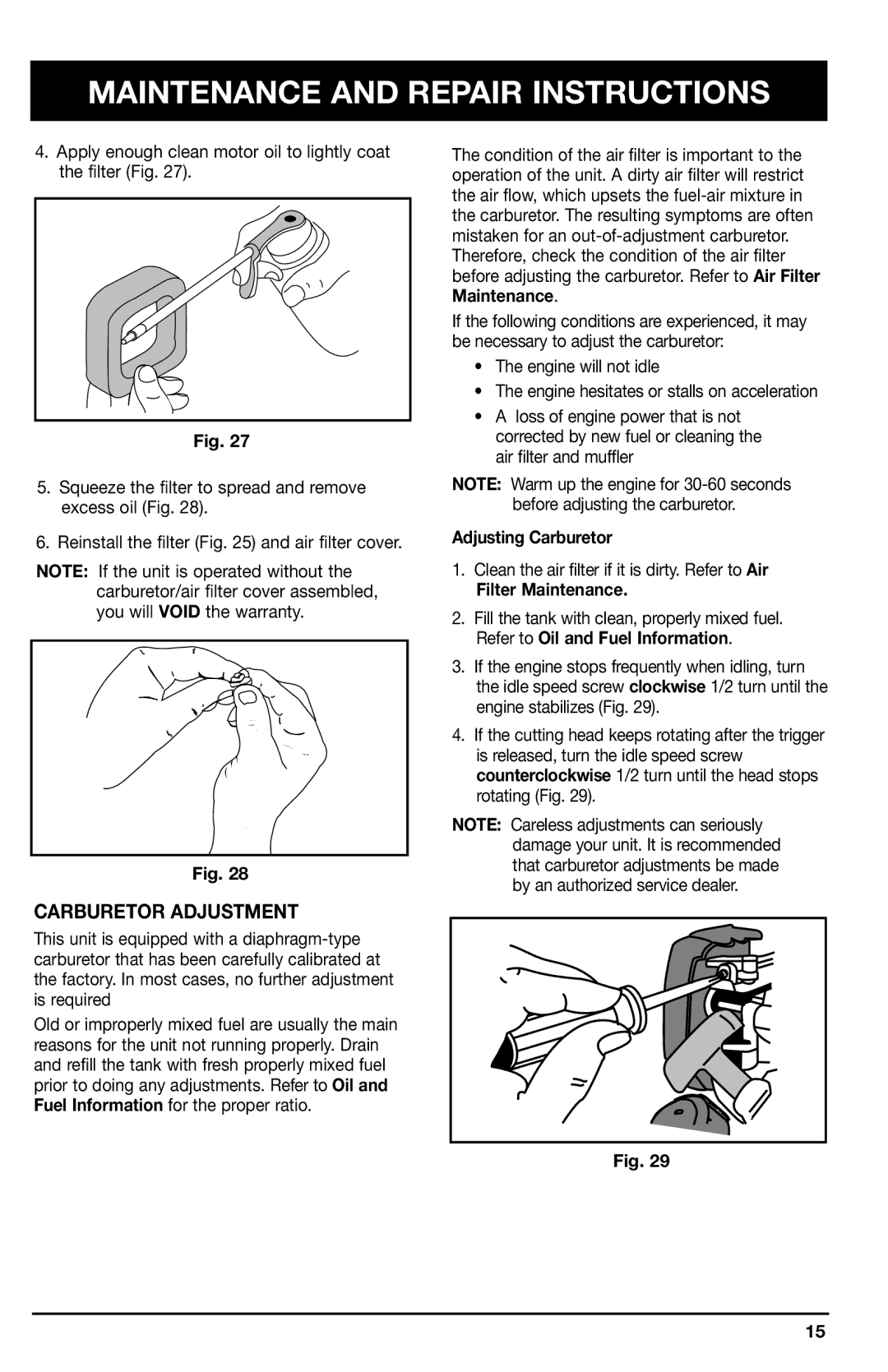 Ryobi 2075r manual Carburetor Adjustment, Adjusting Carburetor, Filter Maintenance 