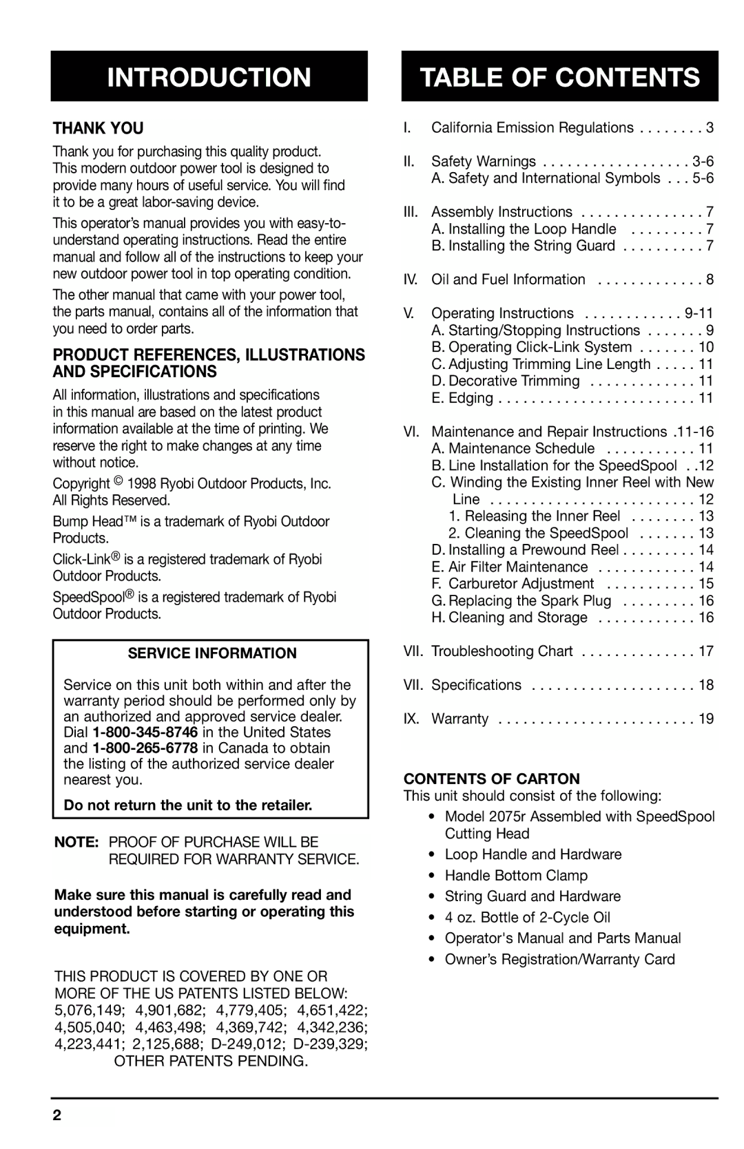 Ryobi 2075r manual Introduction, Table of Contents 