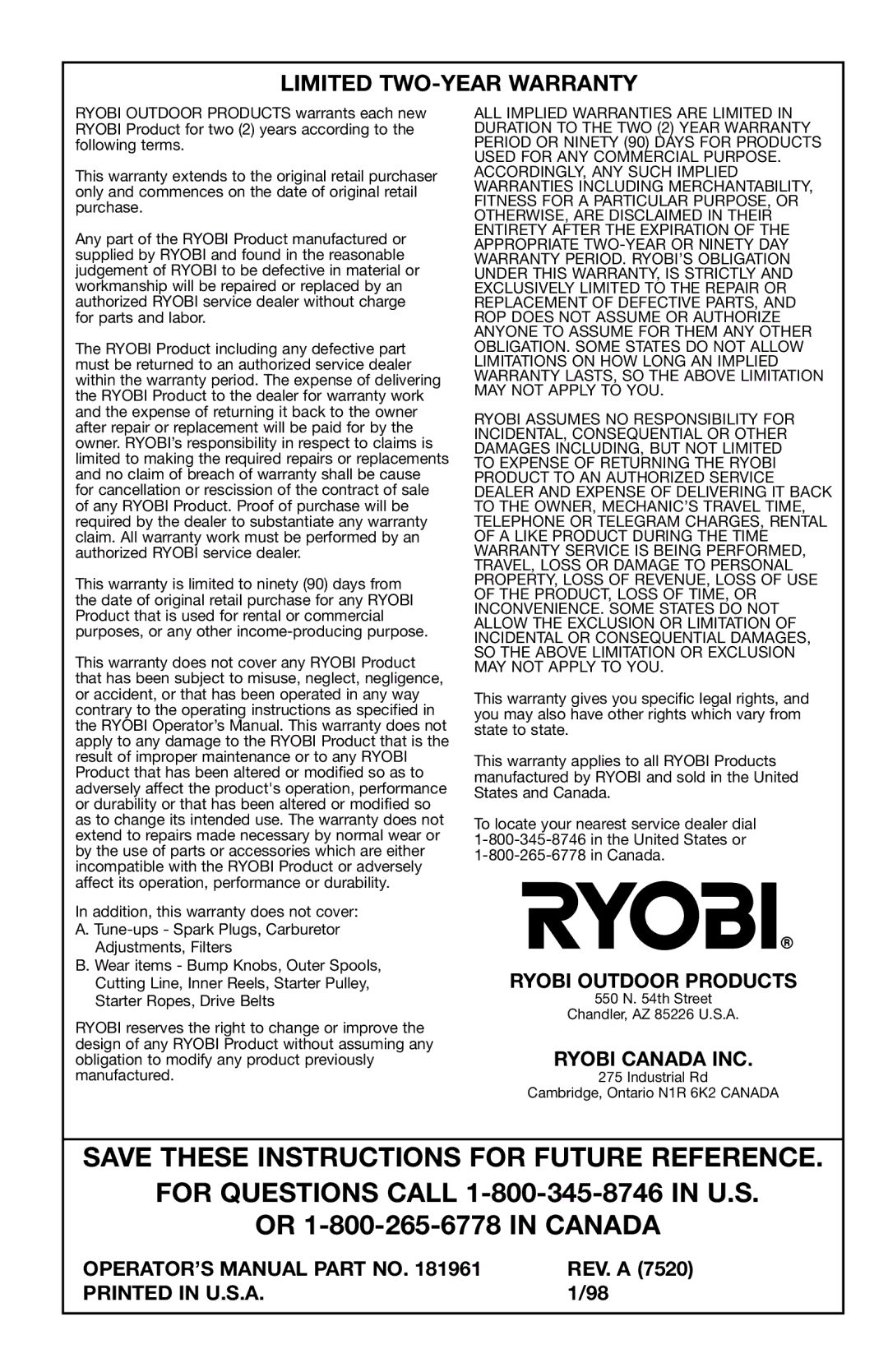 Ryobi 2075r manual Ryobi Outdoor Products, Ryobi Canada INC, OPERATOR’S Manual Part no 