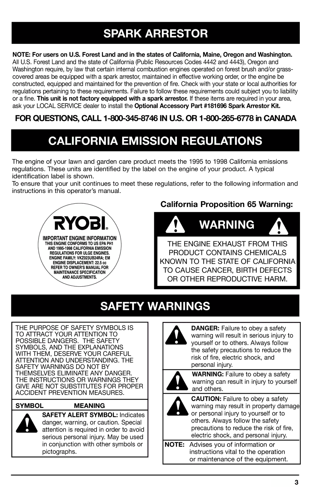 Ryobi 2075r manual Spark Arrestor, California Emission Regulations, Safety Warnings, Symbolmeaning 