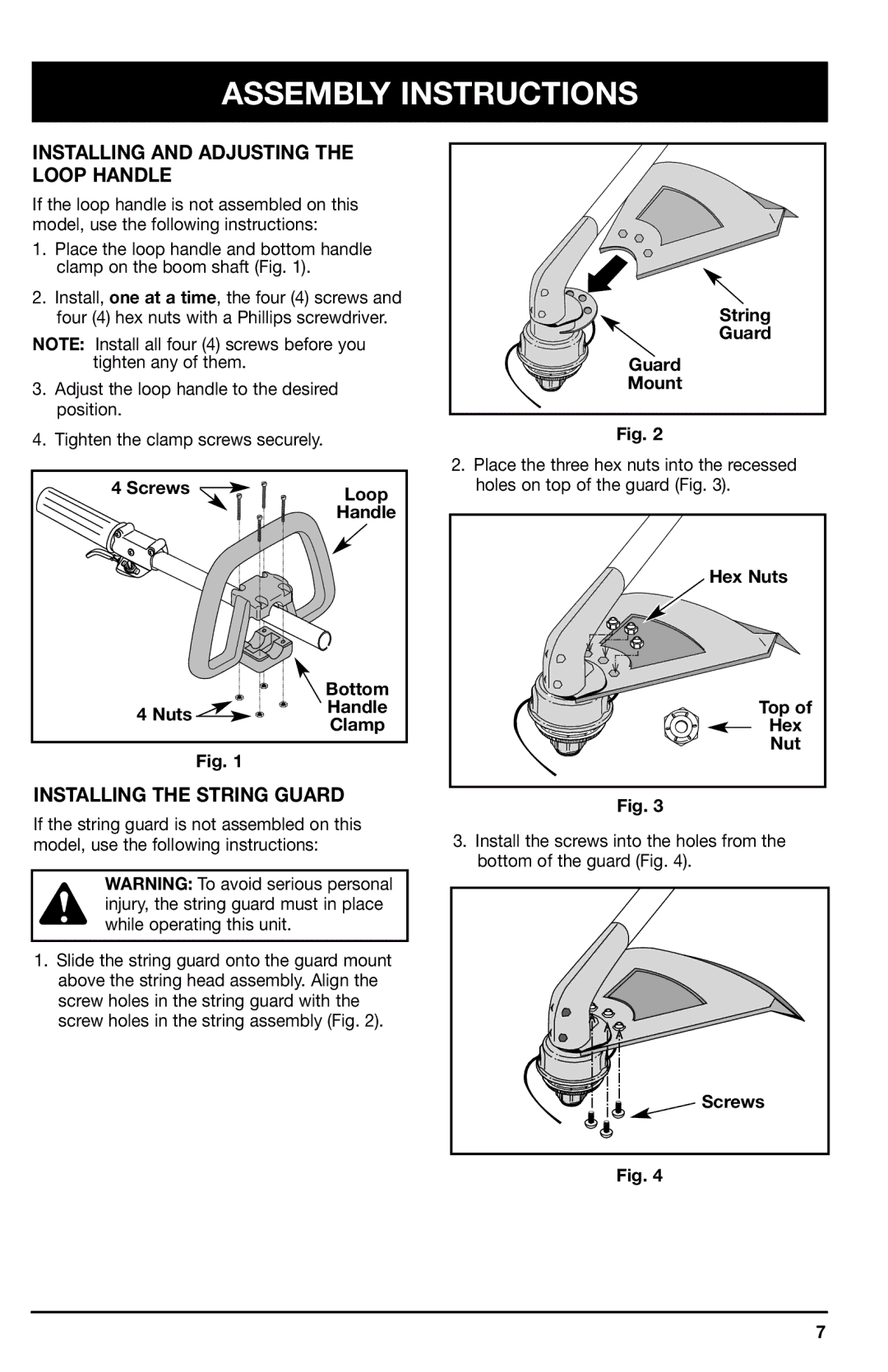 Ryobi 2075r manual Assembly Instructions, Installing and Adjusting the Loop Handle, Installing the String Guard 