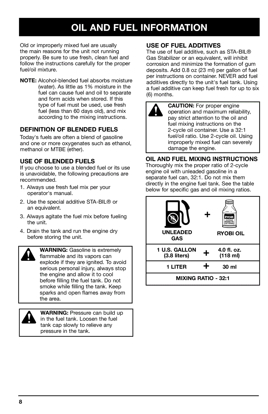 Ryobi 2075r manual OIL and Fuel Information, Definition of Blended Fuels, USE of Blended Fuels, USE of Fuel Additives 