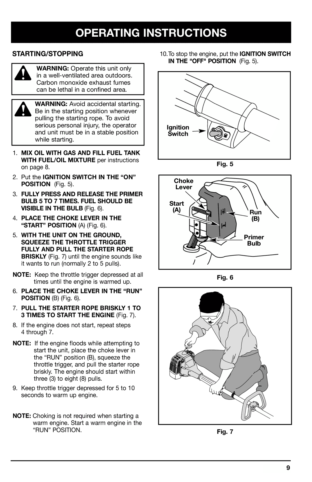 Ryobi 2075r manual Operating Instructions, Starting/Stopping, Ignition, Switch, Choke Lever Start Run Primer Bulb 