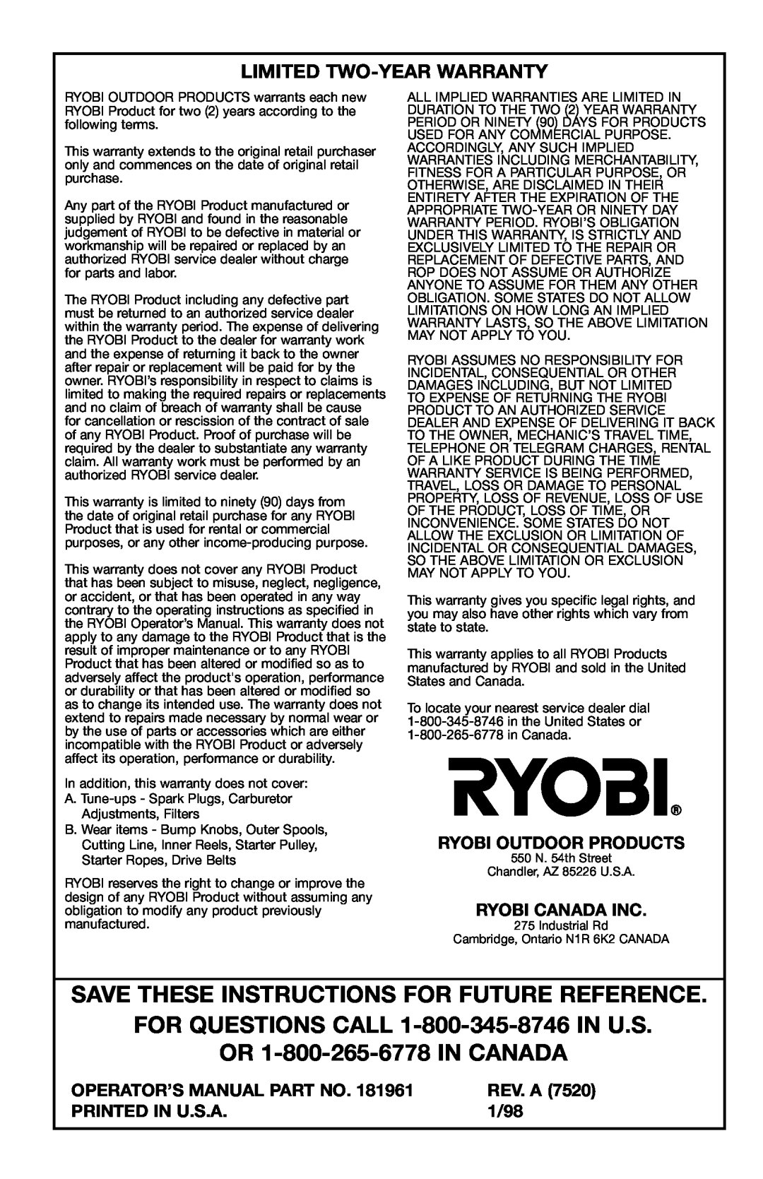 Ryobi 2075r OR 1-800-265-6778 IN CANADA, Limited Two-Year Warranty, Ryobi Outdoor Products, Ryobi Canada Inc, Rev. A, 1/98 