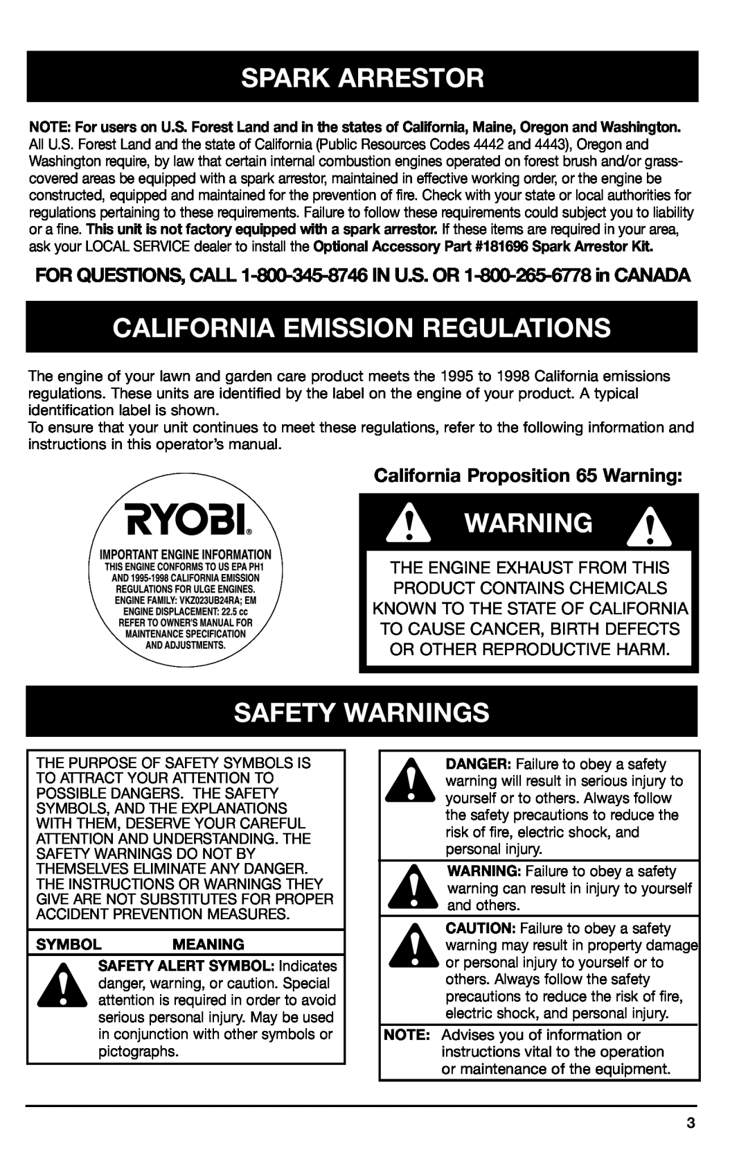 Ryobi 2075r manual Spark Arrestor, California Emission Regulations, Safety Warnings, California Proposition 65 Warning 