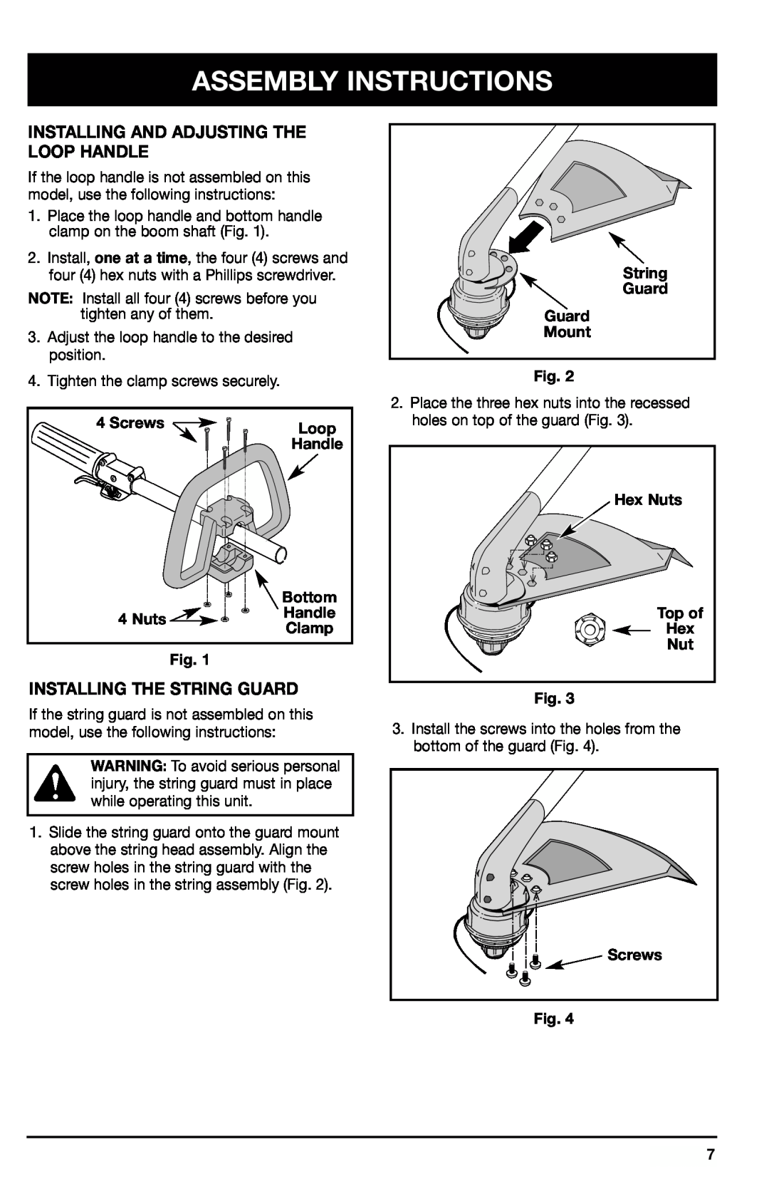 Ryobi 2075r Assembly Instructions, Installing And Adjusting The Loop Handle, Installing The String Guard, Screws, Nuts 