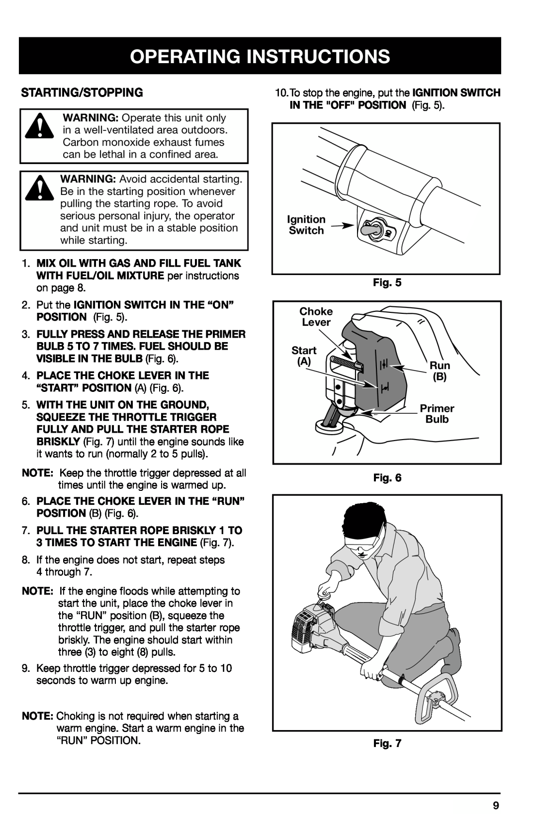 Ryobi 2075r Operating Instructions, Starting/Stopping, Put the IGNITION SWITCH IN THE “ON” POSITION Fig, Ignition, Switch 