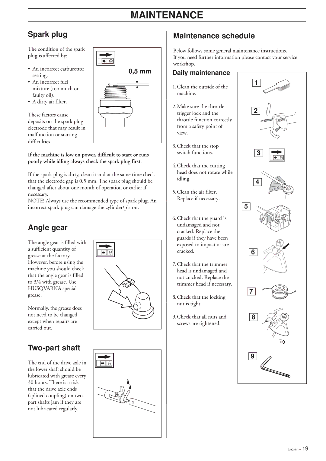 Ryobi 225L, 225LD, 227L, 227LD, 232L, 240L Spark plug Maintenance schedule, Angle gear, Two-part shaft, Daily maintenance 