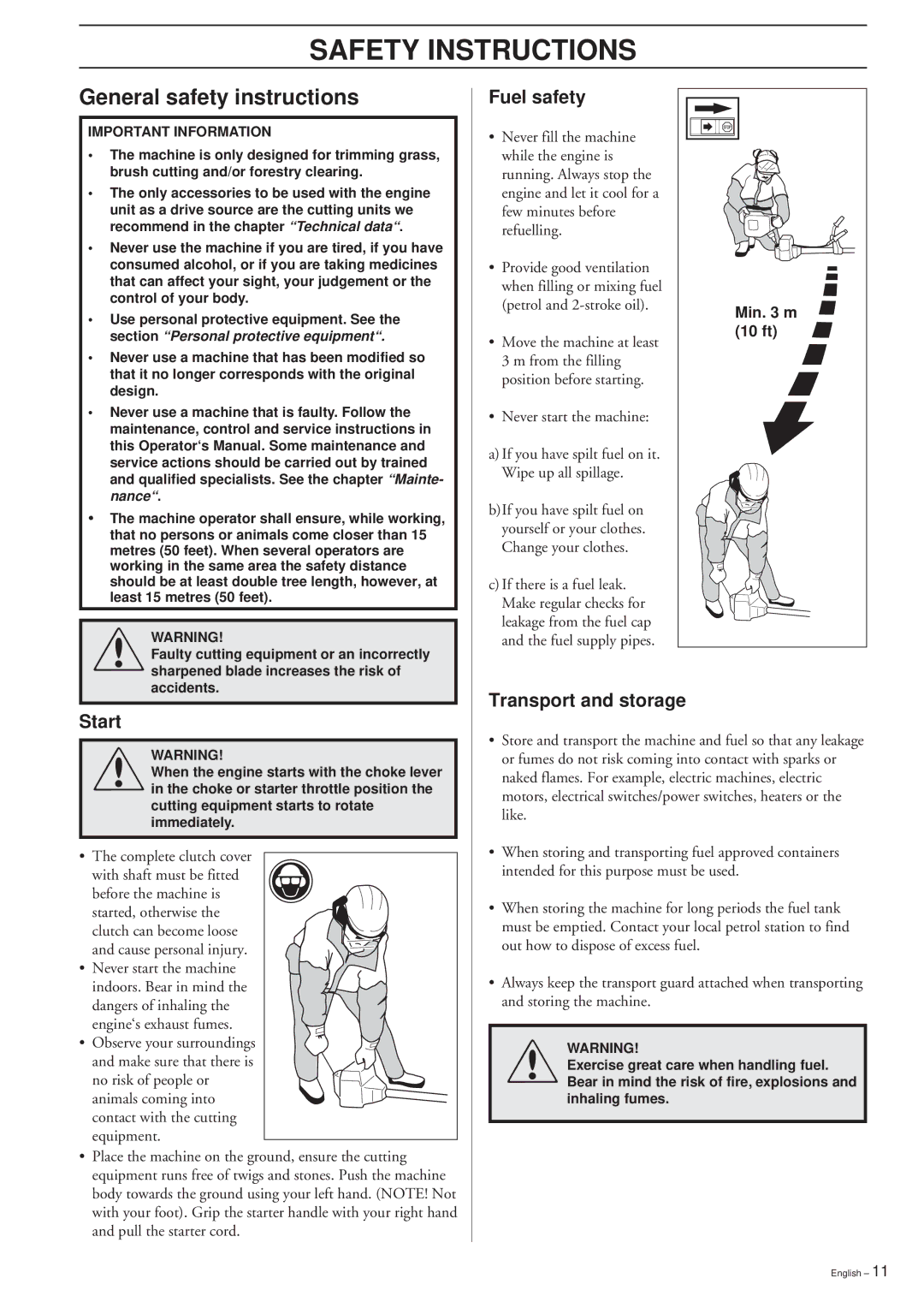 Ryobi 232RD, 225RD, 227RD, 235R manual General safety instructions, Fuel safety, Start, Transport and storage, 10 ft 