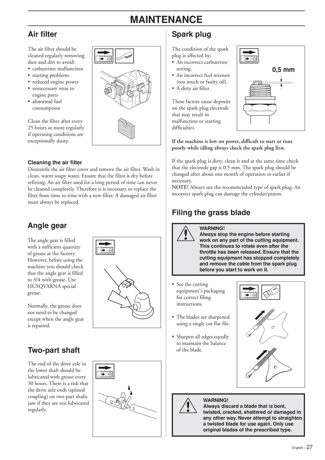 Ryobi 235R, 232RD, 227R Air filter Spark plug, Angle gear, Two-part shaft, Filing the grass blade, Cleaning the air filter 