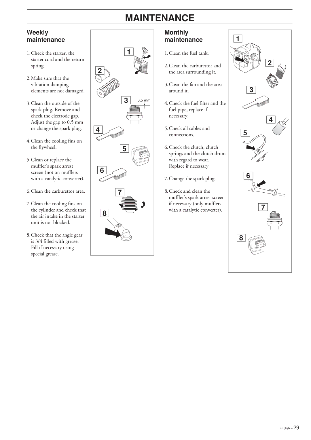 Ryobi 232RD, 225RD, 227RD, 235R manual Weekly maintenance, Monthly maintenance 