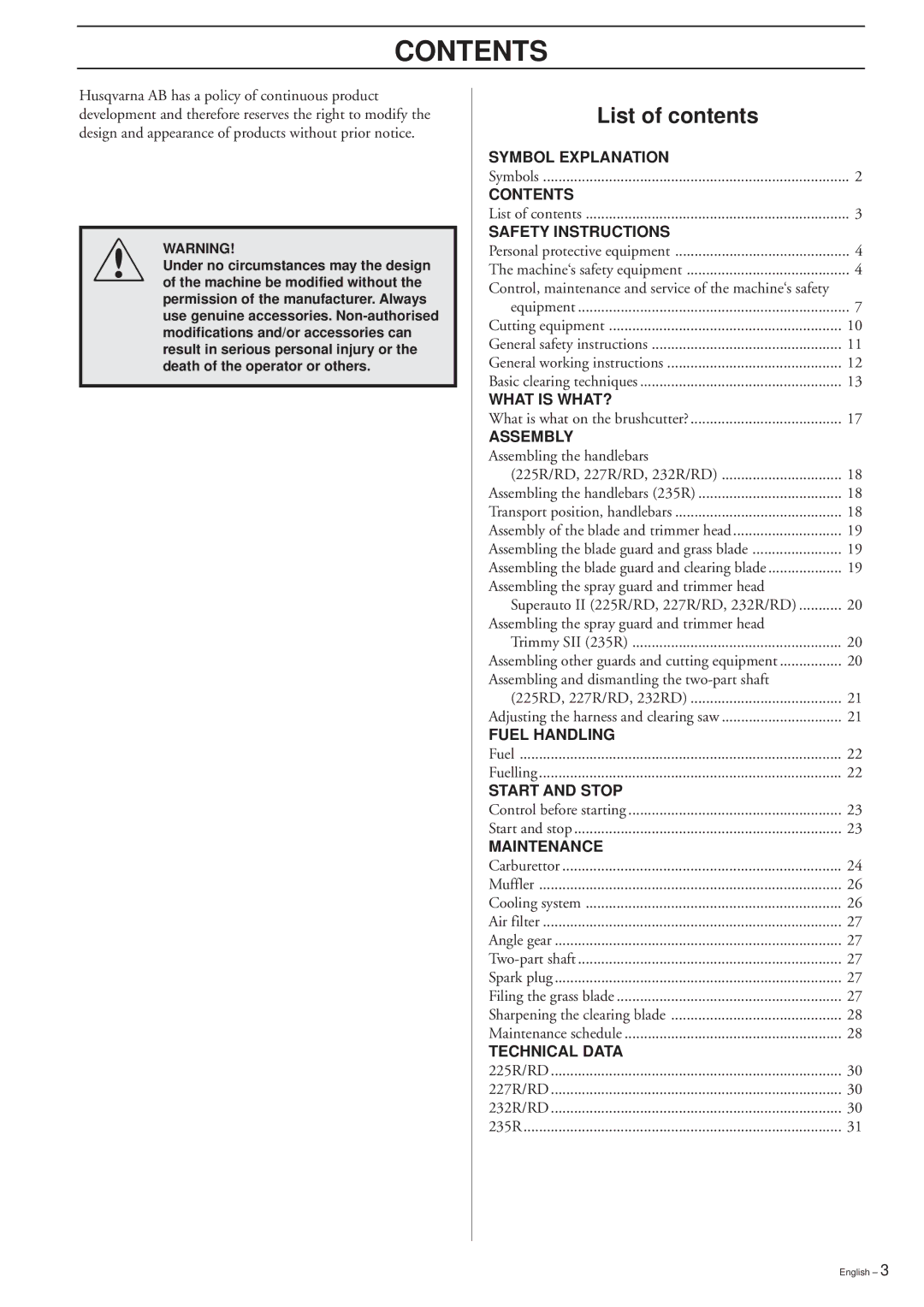 Ryobi 232RD, 225RD, 227RD, 235R manual Contents 