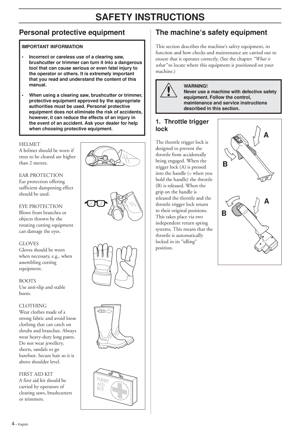 Ryobi 225R, 232RD Safety Instructions, Personal protective equipment, Machine‘s safety equipment, Throttle trigger lock 