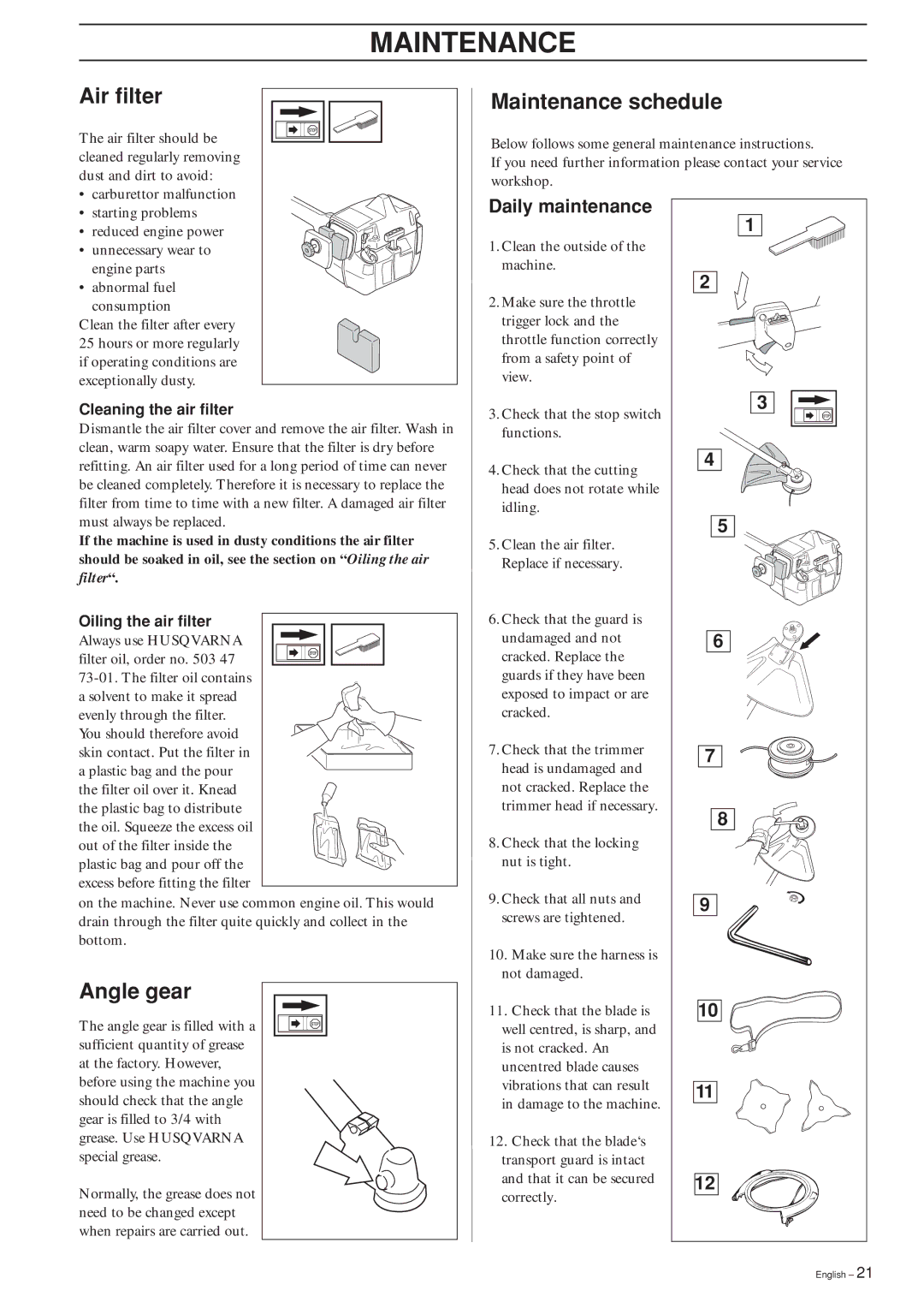 Ryobi 240RJ manual Air filter, Maintenance schedule, Angle gear, Daily maintenance 