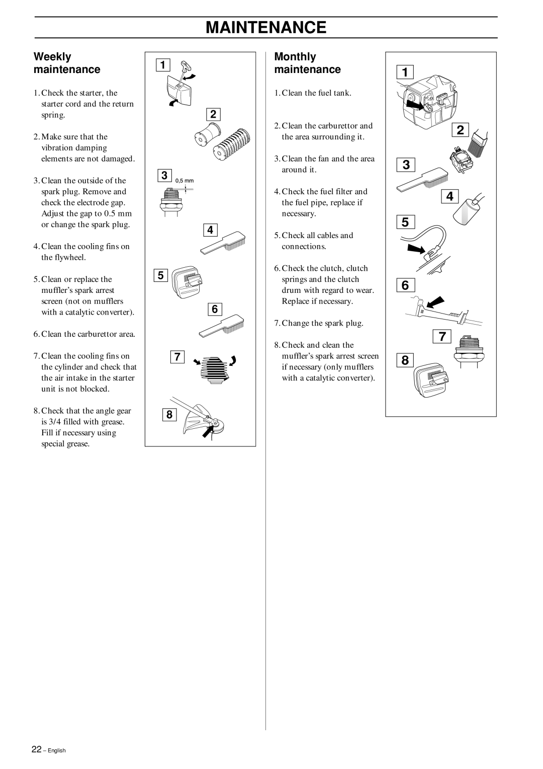 Ryobi 240RJ manual Weekly maintenance, Monthly maintenance 