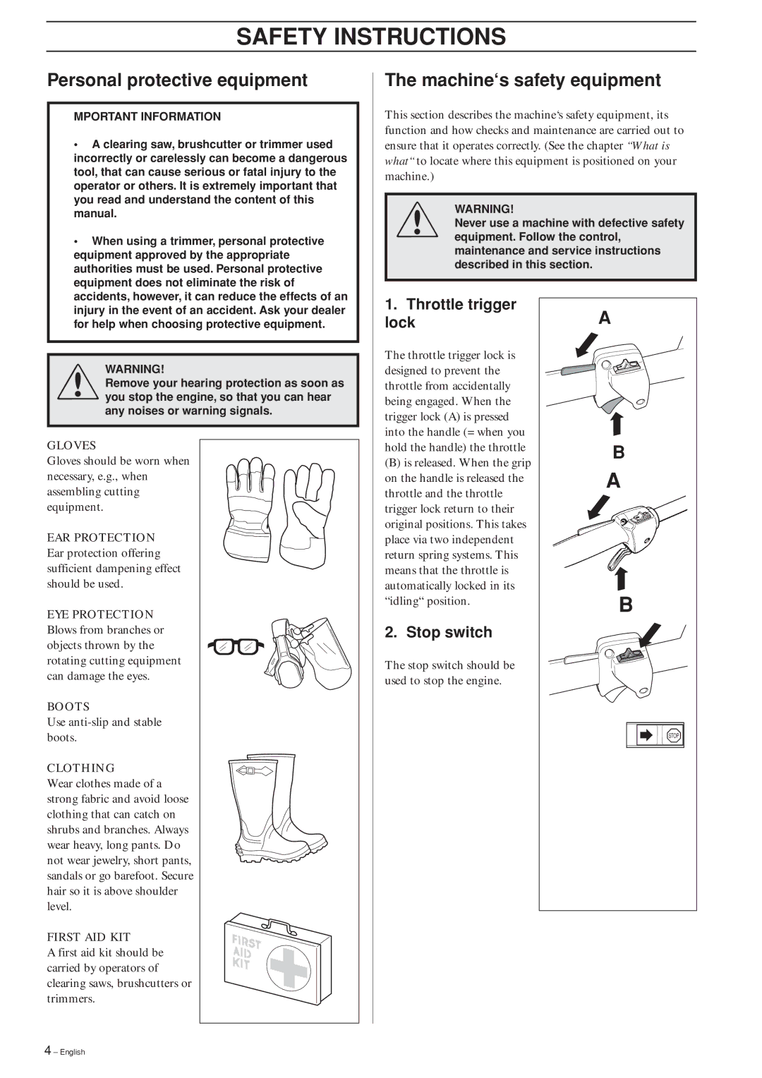 Ryobi 240RJ manual Safety Instructions, Personal protective equipment, Machine‘s safety equipment, Throttle trigger lock 