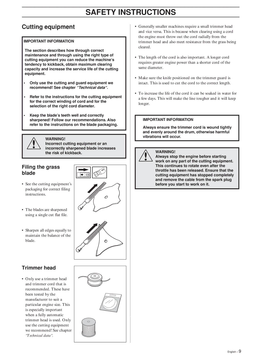 Ryobi 240RJ manual Cutting equipment, Filing the grass blade, Trimmer head 