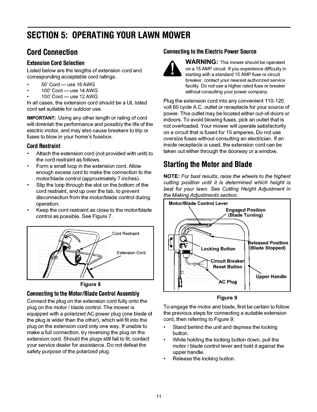 Ryobi 136, 247.370380 manual Operatingyourlawnmower, CordConnection, Startingthe MotorandBlade 