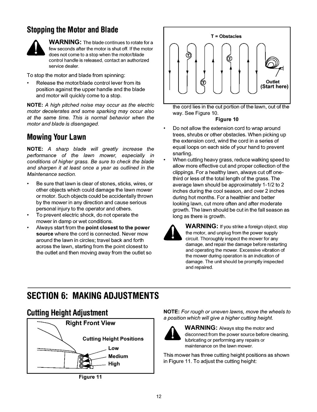 Ryobi 247.370380, 136 manual Makingadjustments, StoppingtheMotorandBlade, MowingYourLawn, CuttingHeightAdjustment 