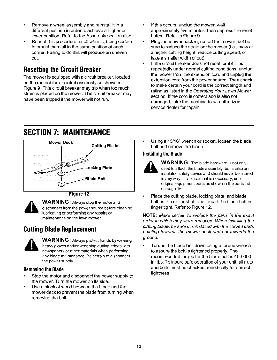 Ryobi 136 manual Maintenance, Resettingthe CircuitBreaker, CuttingBladeReplacement, Removingthe Blade, InstallingtheBlade 