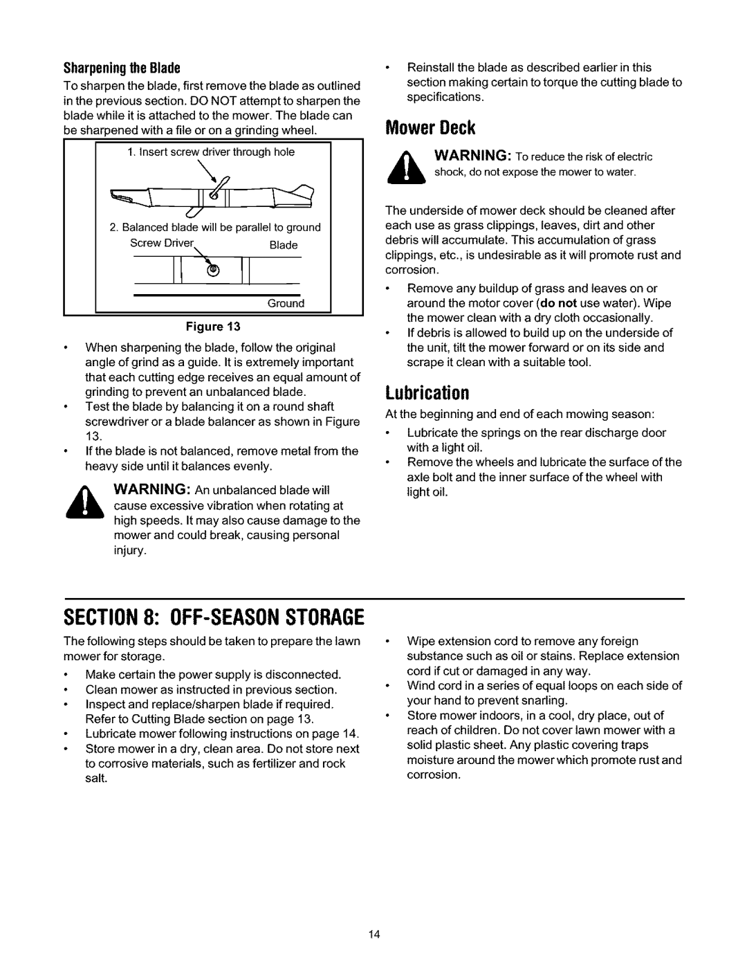 Ryobi 247.370380, 136 manual Off-Seasonstorage, MowerDeck, Lubrication, SharpeningtheBlade 