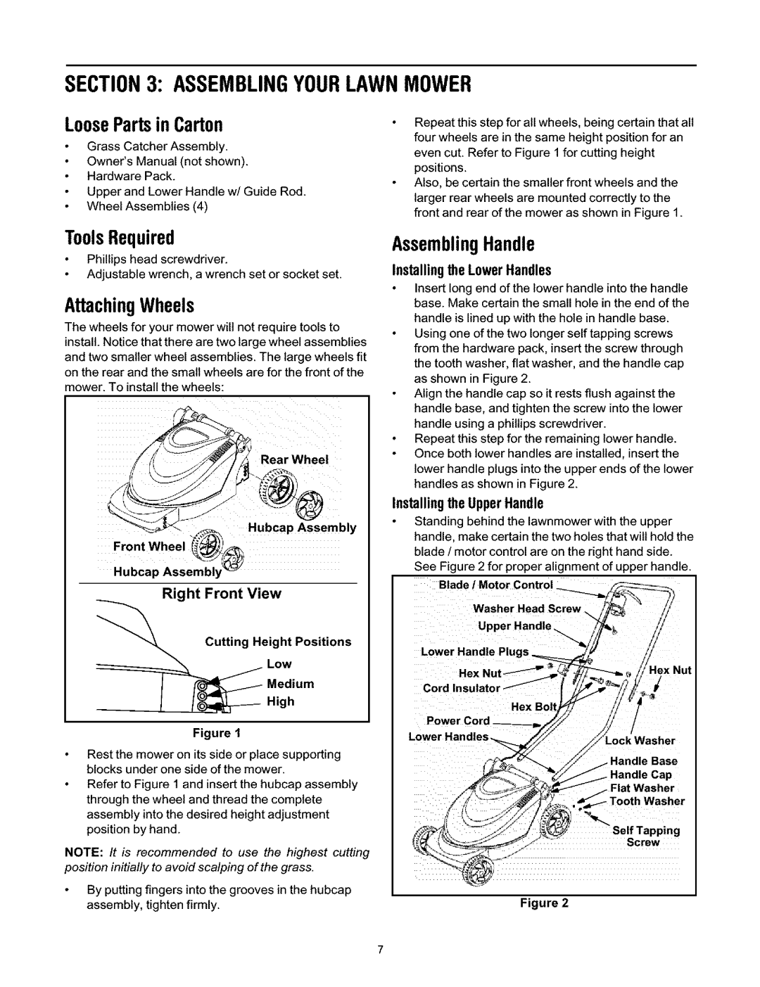 Ryobi 136, 247.370380 manual Assemblingyourlawnmower, LoosePartsin Carton, ToolsRequired, AttachingWheels, AssemblingHandle 