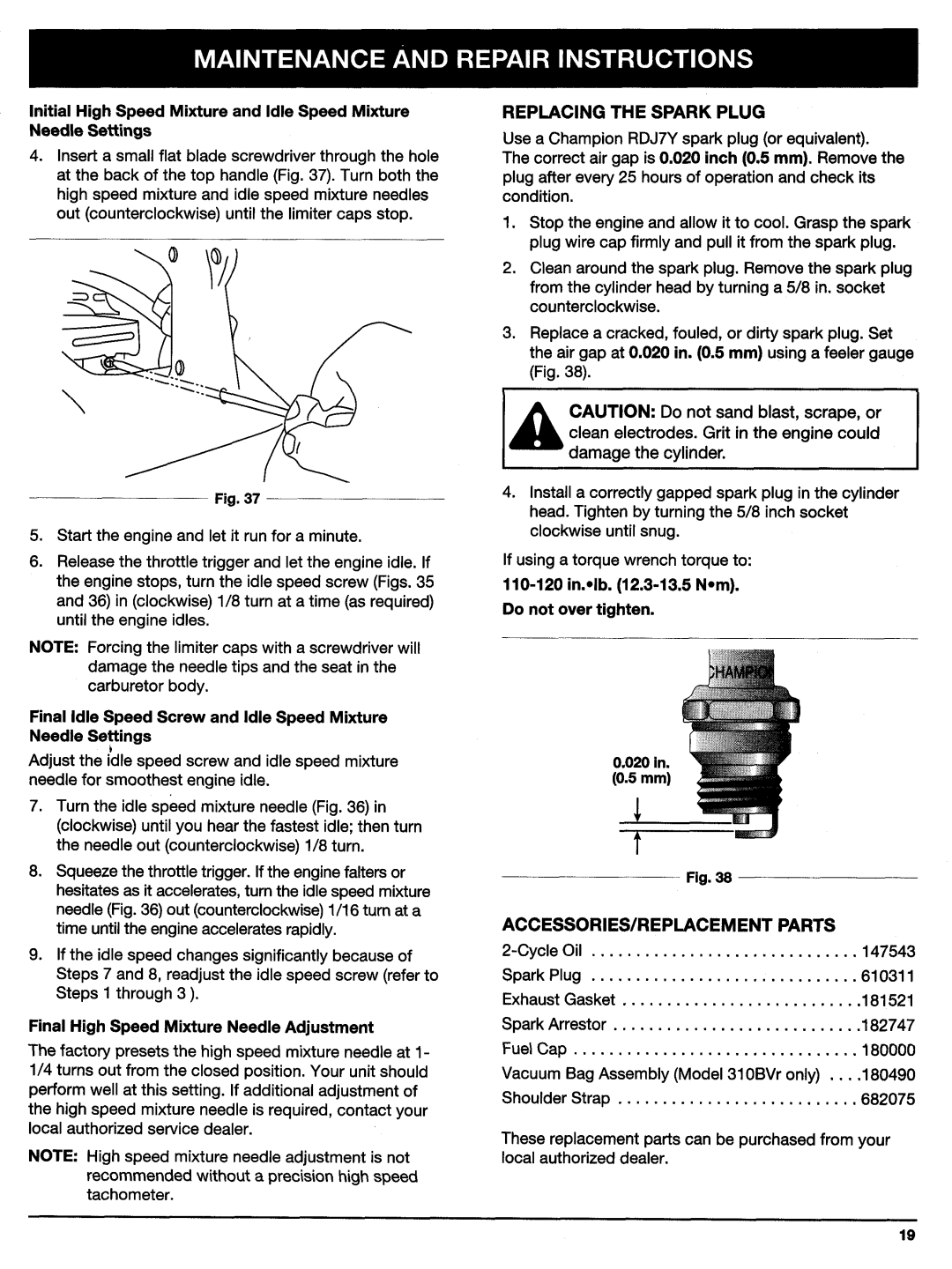 Ryobi 280r, 310BVr manual 