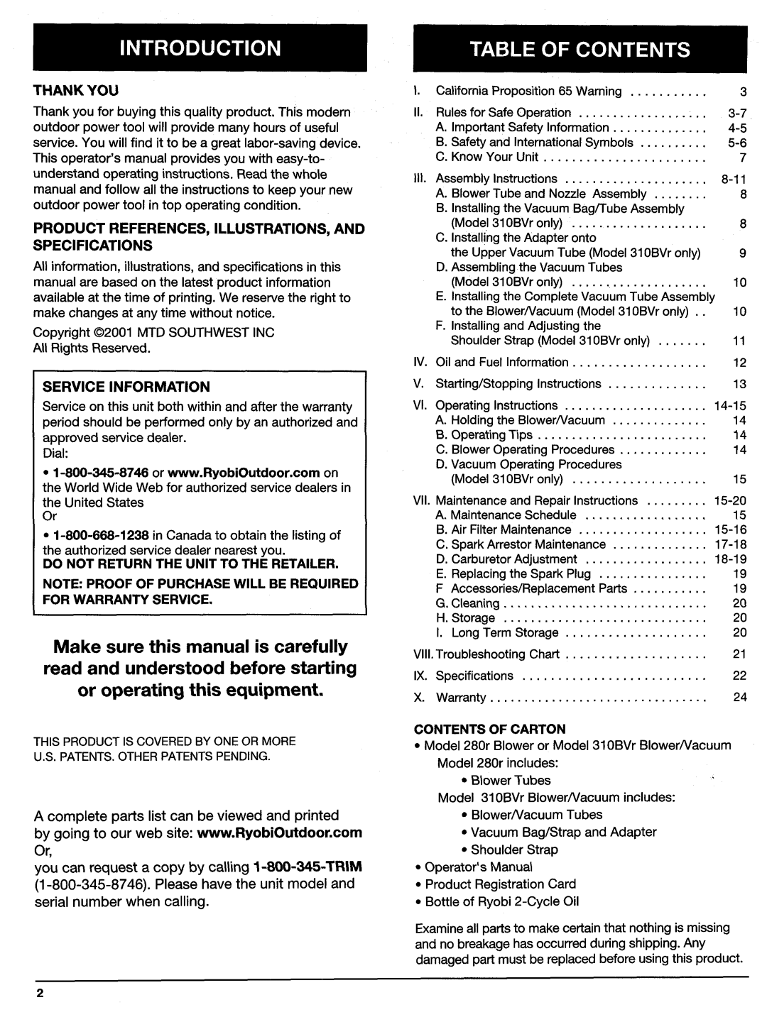 Ryobi 310BVr, 280r manual 