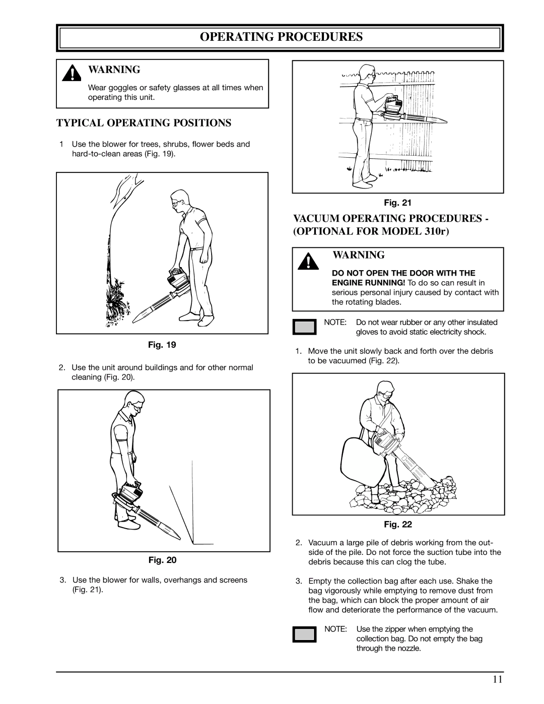 Ryobi manual Typical Operating Positions, Vacuum Operating Procedures Optional for Model 310r 