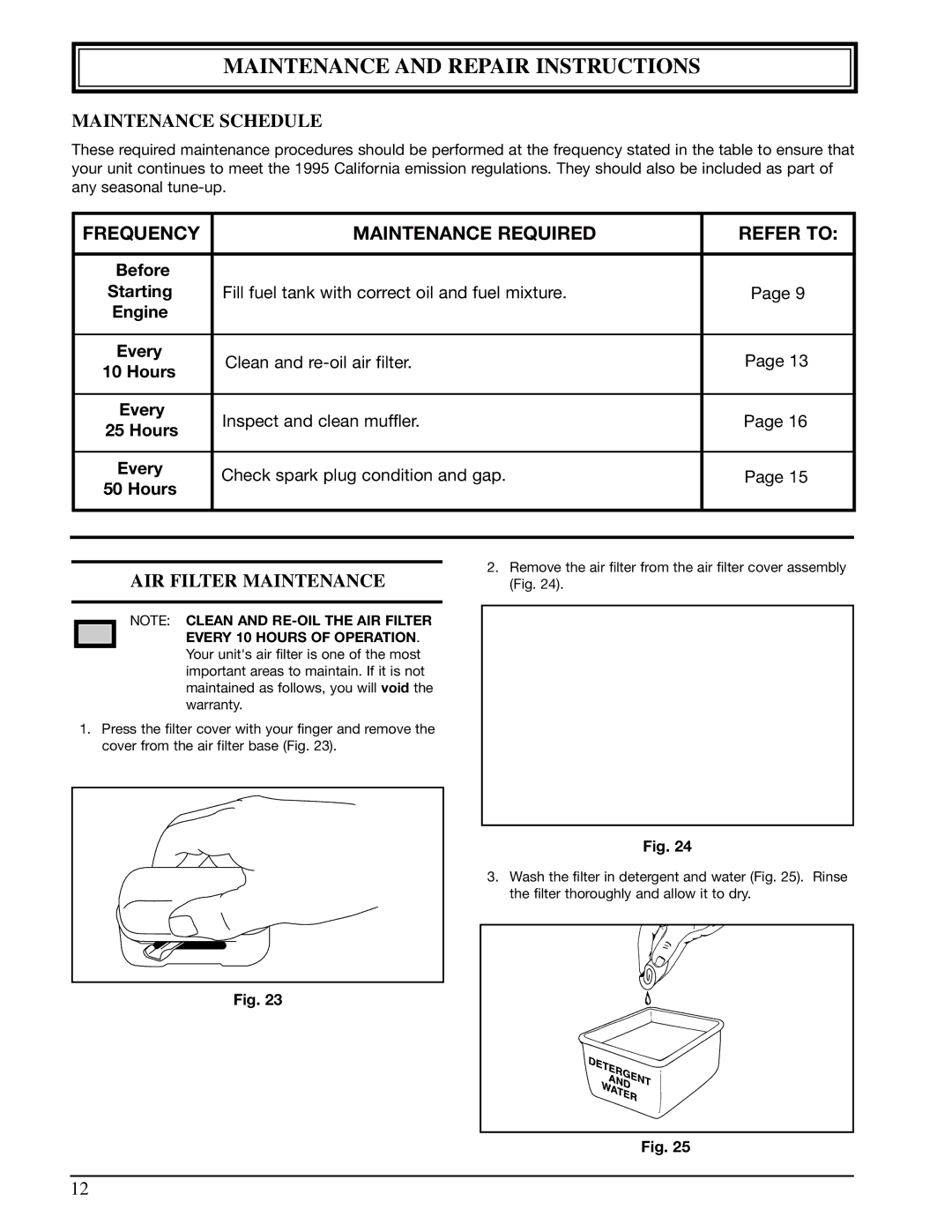 Ryobi 310r manual Maintenance and Repair Instructions, Maintenance Schedule, AIR Filter Maintenance 