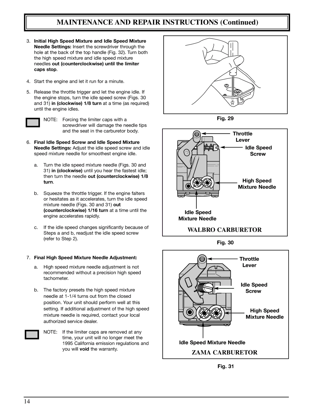 Ryobi 310r manual Walbro Carburetor, Zama Carburetor 