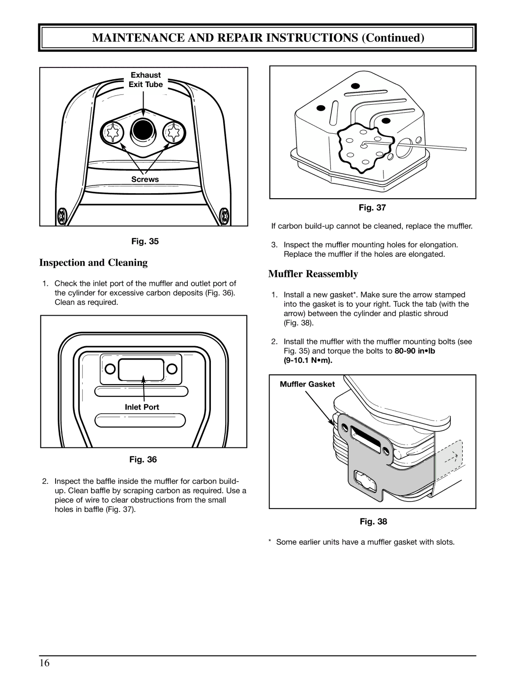 Ryobi 310r manual Inspection and Cleaning, Muffler Reassembly 