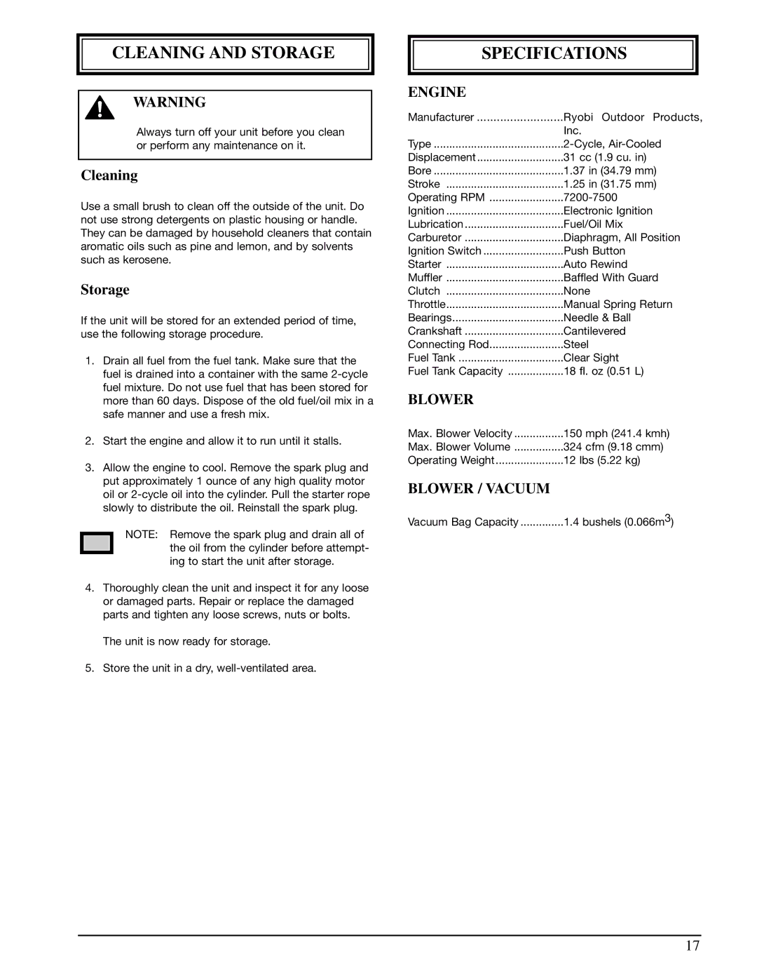 Ryobi 310r manual Cleaning and Storage, Specifications, Engine, Blower / Vacuum 