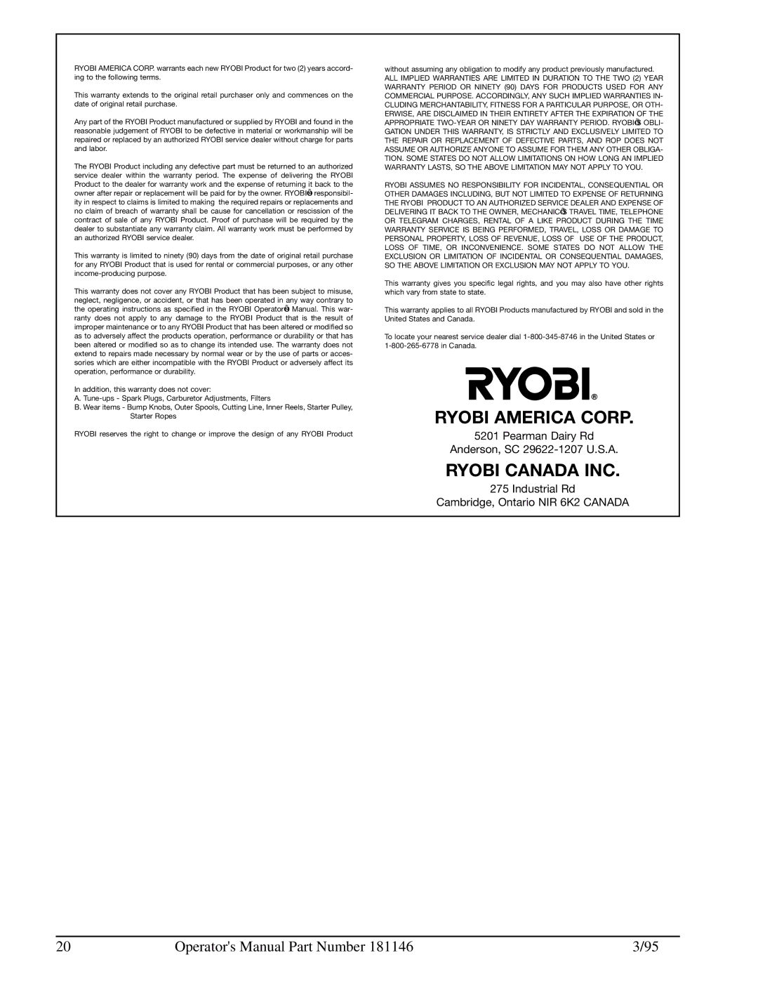 Ryobi 310r manual Ryobi America Corp 