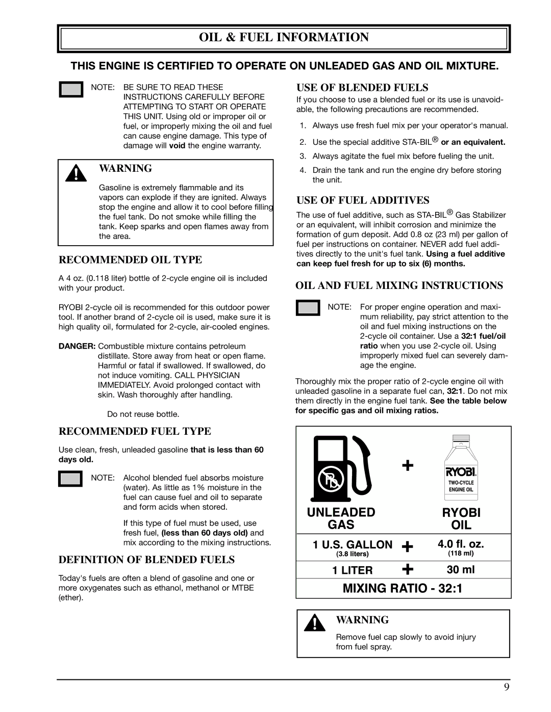 Ryobi 310r manual OIL & Fuel Information 