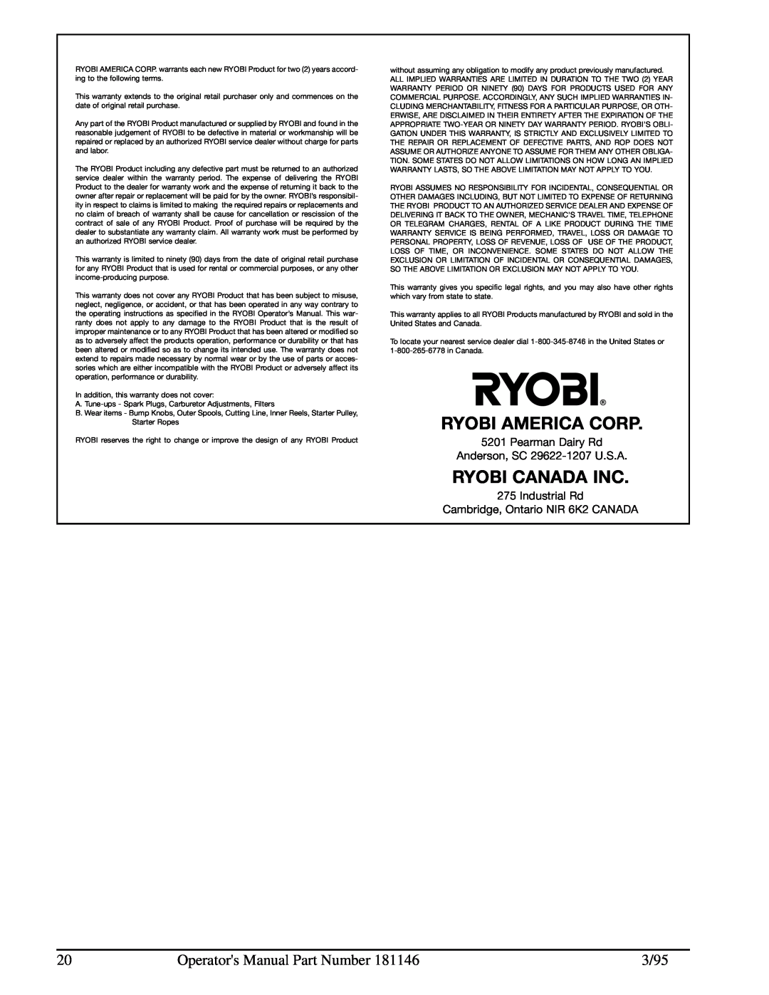 Ryobi 310r manual Ryobi America Corp, Ryobi Canada Inc, Operators Manual Part Number, 3/95 