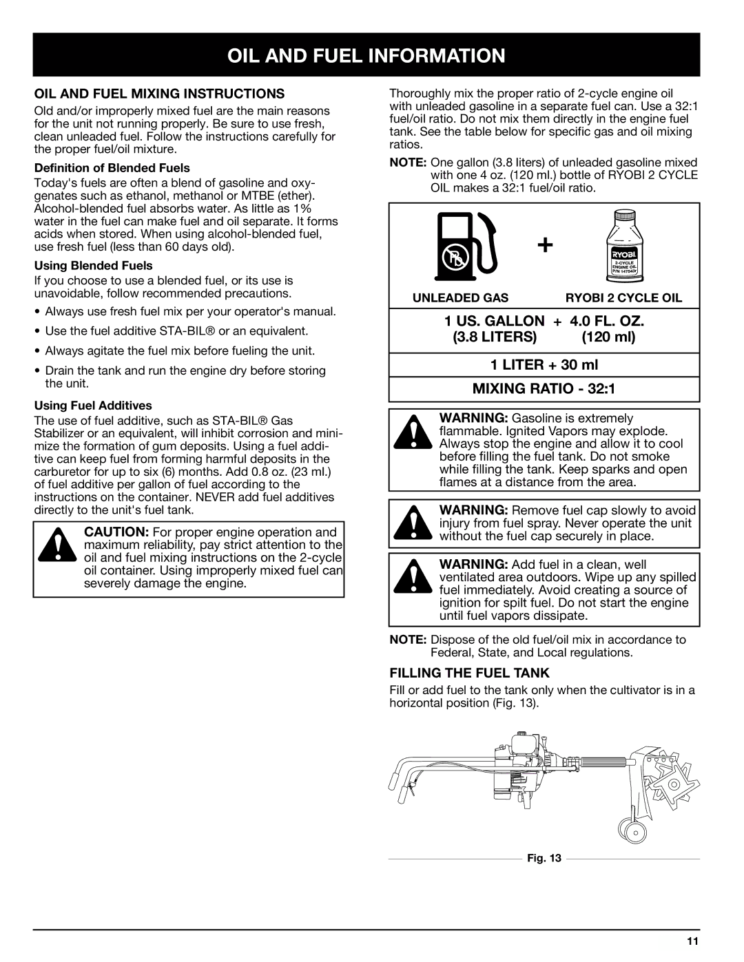 Ryobi 410r manual OIL and Fuel Information, OIL and Fuel Mixing Instructions, Filling the Fuel Tank 