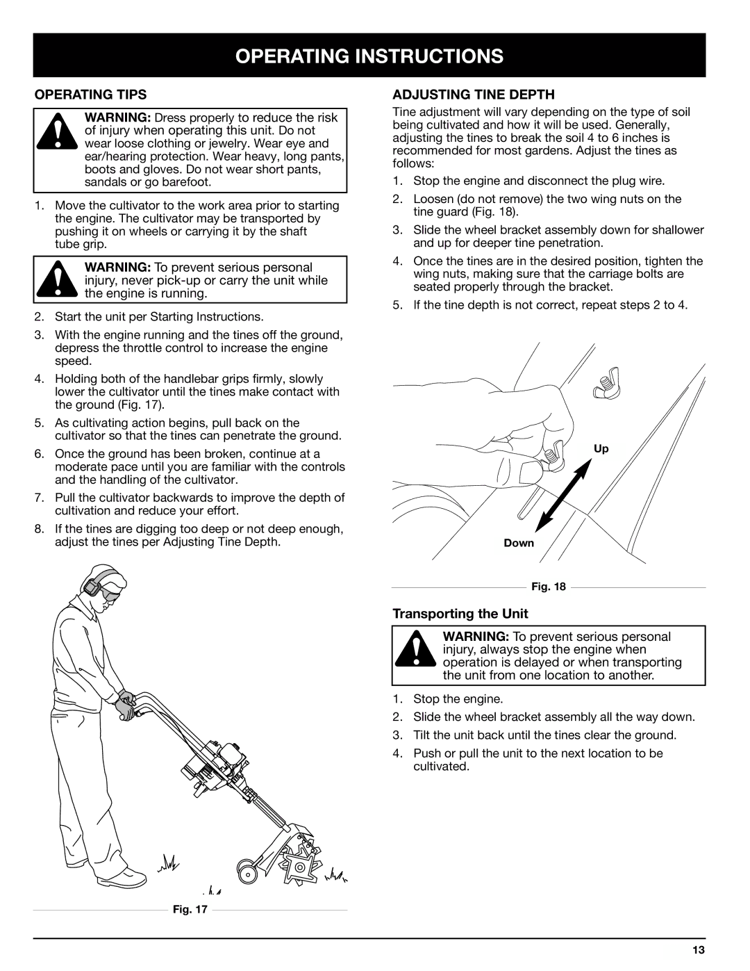 Ryobi 410r manual Operating Instructions, Operating Tips, Adjusting Tine Depth 