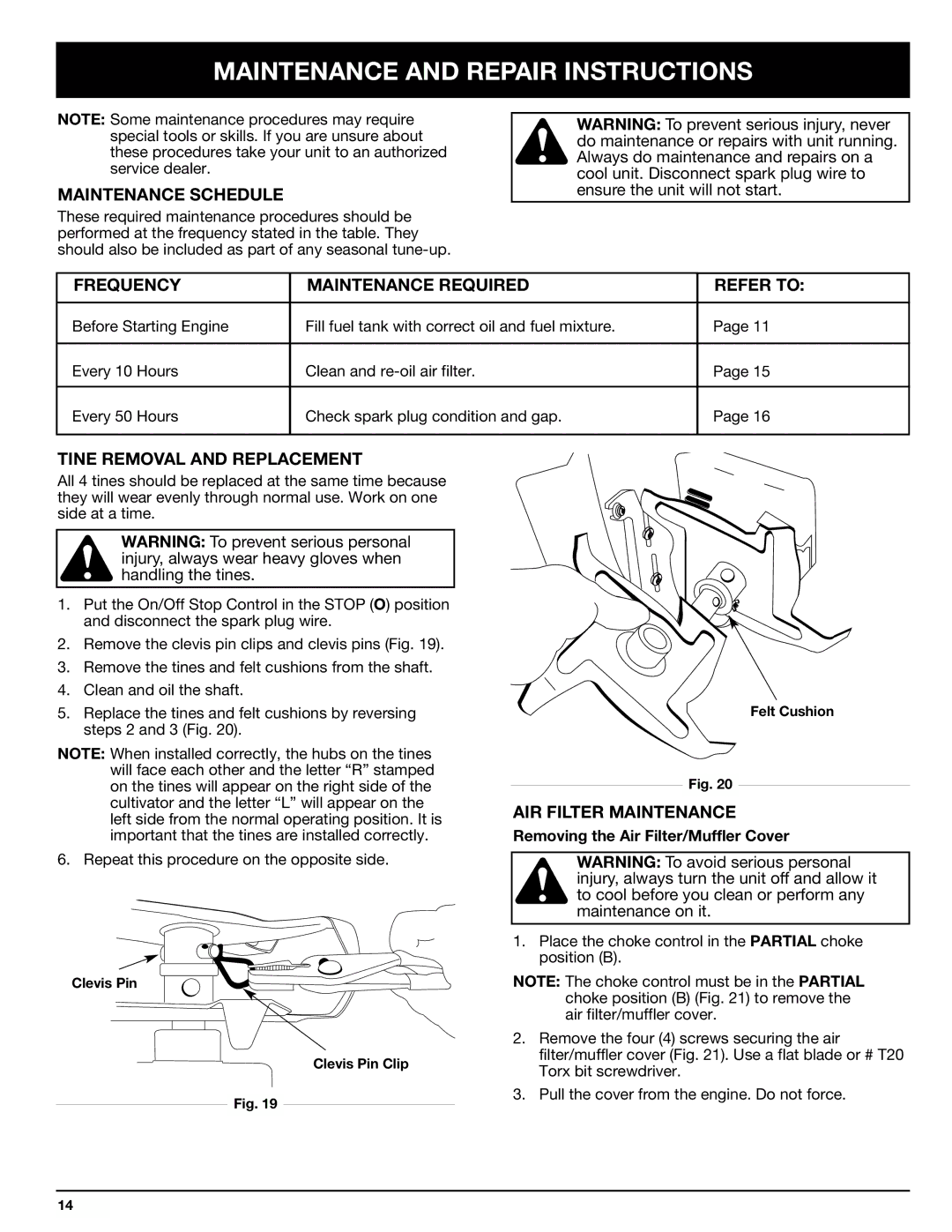 Ryobi 410r manual Maintenance and Repair Instructions, Maintenance Schedule, Frequency Maintenance Required Refer to 