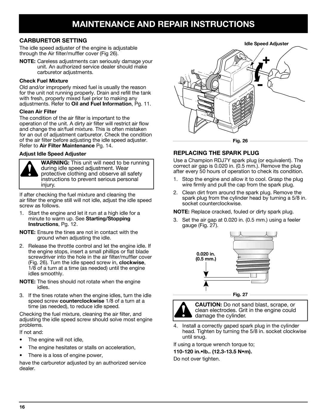 Ryobi 410r manual Carburetor Setting, Replacing the Spark Plug 